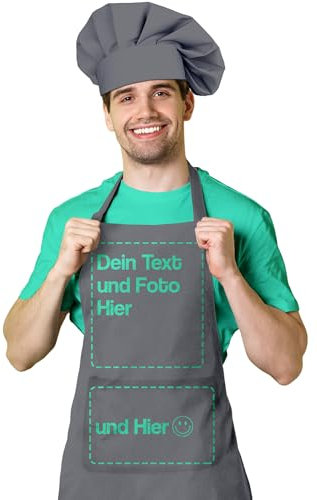 BLAK TEE — Schürze Personalisiert mit Ihrem Foto und Text Wunschmotiv — Kochschürze Selbst Gestalten — Personalisierte Geschenke für Männer und Damen — Verstellbarer Kragen und Vordertasche — Grau