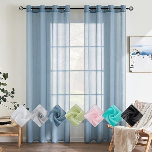 EMEMA Gardinen mit Ösen 2er 160cm Lang StaubigesBlau Vorhang Voile Vorhänge | Vorhang mit Ösen Transparente Polyester Ösenschal Transparent Wohnzimmer Luftig Dekoschal für Schlafzimmer B140 X H160cm