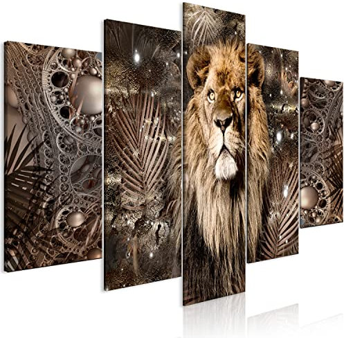 B&D XXL - Wandbilder XXL Tier 200x100cm 5 tlg - Wand Deko Leinwand Bilder Groß Wanddeko Wohnzimmer Schlafzimmer Kunstdrucke Abstrakt Löwe Ornament Palmen j-C-10002-b-a