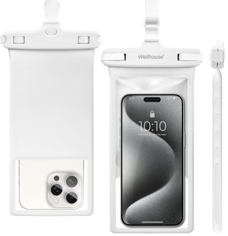 wellhouse Wasserdichte Handytasche/Handyhülle für iPhone 15, 14, 13, 12 Pro Max, XS, Samsung, IPX8, 3D, Strand-Essentials (Weiß, 1er-Pack, 8 Zoll (20,3 cm)