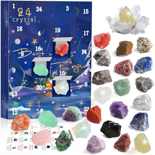 Edelstein Adventskalender 2025 für Kinder Kristalle,24 Tage Weihnachtskalender Adventskalender Countdown Überraschungen,Natürlichen Edelsteine Steine Sammeln für Jungen Mädchen Geologie Enthusiasten