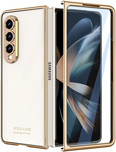 Funda para Galaxy Z Fold 4 con Protector de Pantalla, Transparente Crystal Clear Plating Slim Hard PC a Prueba de Golpes Anti-Scratch Full Protective Cáscara para Samsung Galaxy Z Fold 4 5G(Oro)