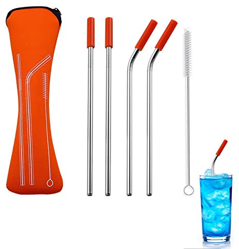 Steadybombb Pailles Réutilisables INOX - Pailles Droites pliées réutilisables en Paille métallique 5 pièces | Pailles Lisses courbées avec 1 Nettoyage pour Paille 1 étui Voyage Pailles en