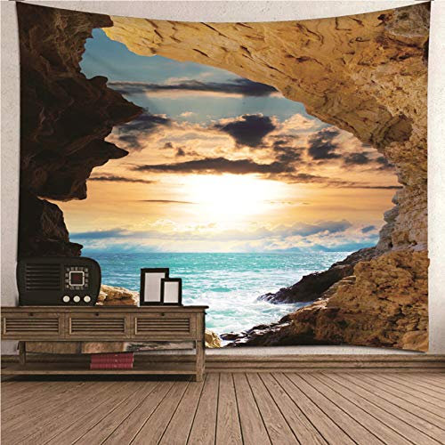 Wandteppiche Groß 300 x 250, Wandbehang Höhle, Wandteppich mit Motiv, Meer Sonnenuntergang Grotte Felsen für Wohnkultur (Braun, Blau, Polyester)