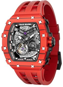 TSAR BOMBA Luxus Automatik Herren Uhr Quadratische Uhren Tonneau Skelett Armbanduhren Silikon/FKM Rubber Saphirglas Japanisches Uhrwerk 50M Wasserdichtes Geschenk für Männer