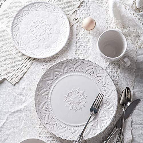 Vajilla con Chip, Juego de vajilla de Cocina, Juegos de Cena de cerámica, Juego de vajilla de Porcelana con Relieve Vintage Blanco de 24 Piezas