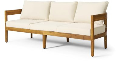 Brooklyn Outdoor 3 Seater Sofa with Cushions - Acacia Wood - Teak/Beige