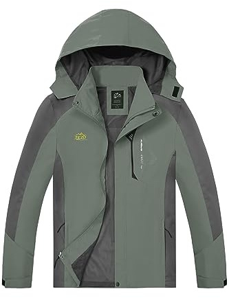 TEZO Mens Rain Jacket Waterproof with Hooded Hiking Coat Lightweight Windbreaker(AG/GY L)