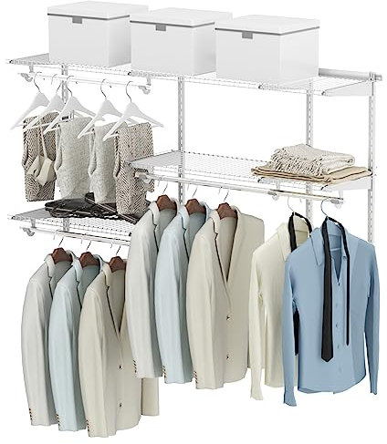 COSTWAY Closet Organiser System, Wall-Mounted Adjustable Metal Rail Garment Rack, Space Saving Clothes Storage Unit for Wardrobe and Bedroom (3 Hanging Rods + 4 Storage Shelves, White)