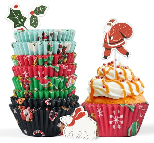 Bake Choice 200 Pcs Standard Christmas Cupcake Cases with 12 Pcs Cupcake Toppers, Bottom 5 cm, Muffin Cases Perfekt für Weihnachten Party, Schulveranstaltungen und Familienbacken