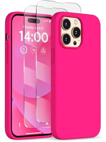 COFFKER Designed for iPhone 14 Pro Max Case, Liquid Silicone Case [2X Screen Protectors], Shockproof Slim Thin Protective Phone Case with Soft Anti-Scratch Microfiber Lining, 6.7 inch, Neon Pink