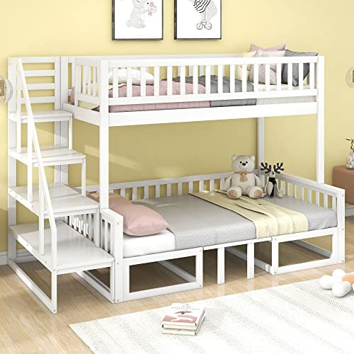 Moimhear Litera con escalera que ahorra espacio, con mesa ajustable, con sofá de madera, estructura de pino resistente, color blanco (90 x 200 cm y 120 x 200 cm)