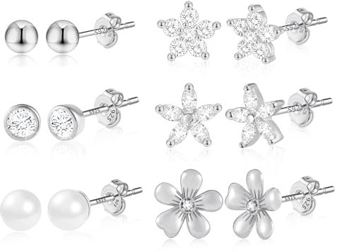ASH'S CHOICE Ohrringe Silber 925 Ohrstecker für Damen, Multipack Glitz Silber Ohrstecker Kleine Ohrringe Set, 6Paar Ohrringe Schmetterlings Blume Kugel Diamant Ball Herz Perle Zirkon Ohrstecker