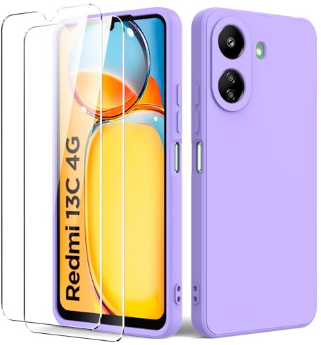 Byvuwiay Hülle für Xiaomi Redmi 13C / Xiaomi Poco C65, mit 2 Stück Panzerglas, Anti-Scratch Stoßfeste Hülle, TPU Weich Bumper Schutzhülle für Xiaomi Redmi 13C / Xiaomi Poco C65 - Lila
