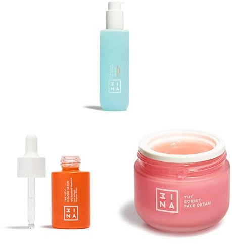 3ina Makeup - The Blue Cleanser + The Vit C Orange Serum + The Sorbet Face Cream - Reduziert Öligkeit - Antioxidative Wirkung - Feuchtigkeitscreme Gesicht mit Niacinamid - Vegan - Cruelty Free
