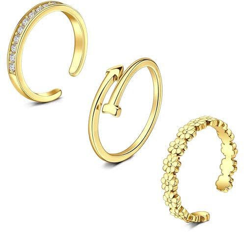 WillTen 3Pcs Gold Toe Ring Edelstahl einstellbar Bend Open Toe Ring, Plain Thin CZ Toe Finger Tail Ring Sommer Strand Fuß Schmuck Set für Frauen Männer