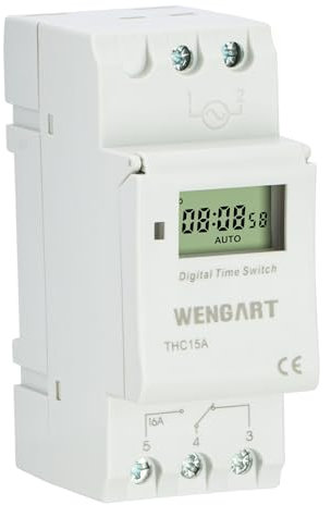 Wengart Temporizador Digital THC15A, AC230V 16A, programable semanalmente, hasta 28 Grupos de Encendido y Apagado, Montaje en riel, simplifica Las tareas diarias