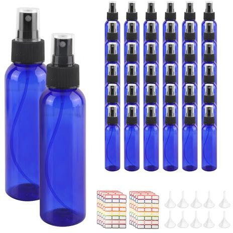 YEUIKERR 36 Pack Blue Small Spray Bottles 4 oz/120 ml Plastic Spray Bottles, Fine Mist Empty Small Travel Spray Bottle, Refillable Mini Sprayer Empty Bottle Bulk with 10 Funnels and 10 Labels