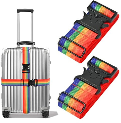 Collskid 2 Stück Koffergurt mit Metall Schnalle, Kofferband Gurt 5 * 200cm, rutschfest Verstellbar Kofferbänder, Strapazierfähig Gepäckgurte für Schnell erkennen Gepäck Reisetasche (Regenbogenfarben)