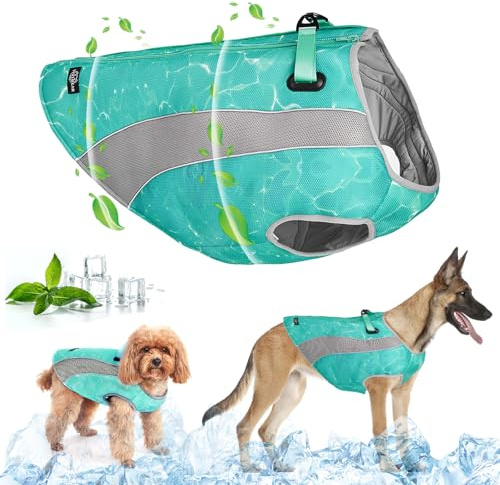 Gilet Rinfrescante per Cani con Imbracatura, Giacca Rinfrescante per Cuccioli da Esterno con Cerniera Regolabile, Cappotto Riflettente di Sicurezza e Protezione Solare per Cani da Caccia (Verde, S)