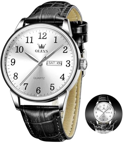 OLEVS Schwarz Uhr Herren Lederarmband Classic Analog Kleid Uhr Männer Arabische Ziffern Wasserdicht Armbanduhr Herren Weiß Zifferblatt Vintage Quarz Herrenuhren mit Datumsanzeige Geschenke