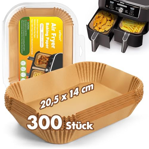 300 Stück Backpapier für Heißluftfritteuse mit Doppelkammer, 20,5x14cm Rechteckig Antihaft Airfryer Backpapier kompatibel mit Ninja AF300EU, AF400EU, AF400EUCP und Anderen Dual Zone Heißluftfritteuse