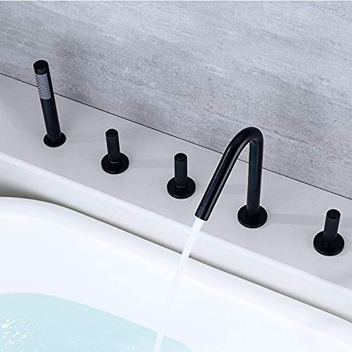 WTLONBF 5-Loch-Badewannen-Duscharmatur, Wannenarmatur mit Handbrause, Messing-Badewannenarmatur zur Deckmontage, Badezimmer-Duscharmatur-Set, Duschsystem,Schwarz