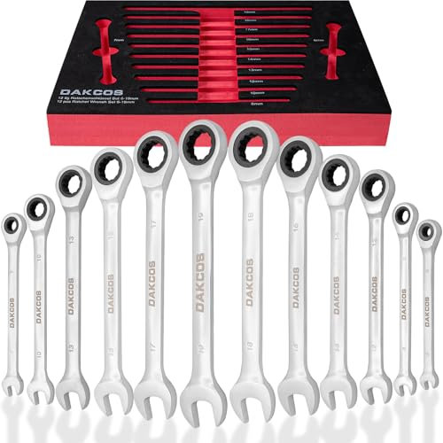 DAKCOS Set di 12 chiavi combinate a cricchetto a testa fissa, 6, 7, 8, 10, 12, 13, 14, 15, 16, 17, 18, 19 mm, con 72 denti, in acciaio al cromo vanadio