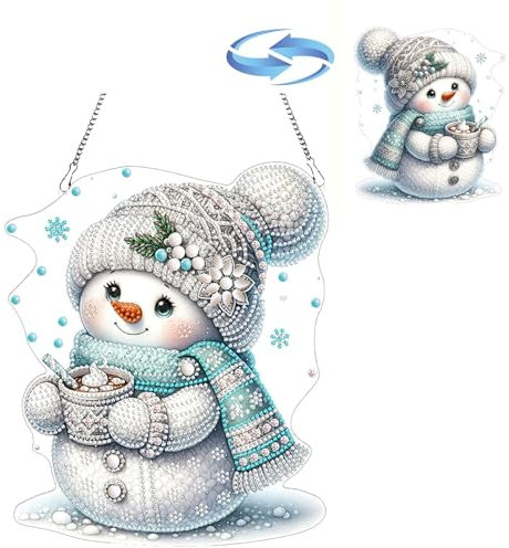 CXINLky DIY Diamond Art Painting Anhänger mit Kette, Diamant Painting Fensterbilder, Weihnachten Schneemann Diamond Malerei Wandbehang Kits für Fenster Wand Garten Decor-04-Schneemann