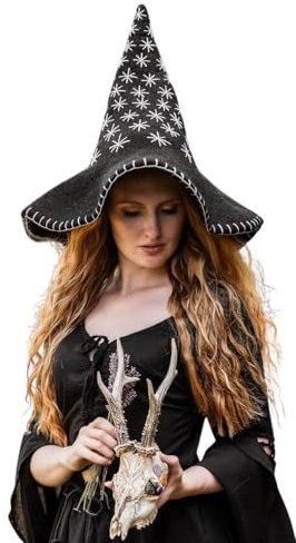 Leonardo Carbone® Hexenhut Star - Hexenkostüm, Mittelalter Kleidung Kopfbedeckung, Halloween Kostüm Damen, Witcher Hat, Zauberer Hut, LARP-Kleidung, Karneval, Cosplay - 100% Wolle Schwarz