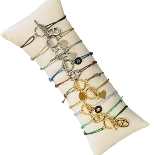 bracelet toggle fermoir à bascule - acier inoxydable fermoir or ou argent - 10 couleurs de fil possibles - réglable- breloque ronde, étoile,maille marine, cœur-fermoir t- bracelet fil cordon pailleté