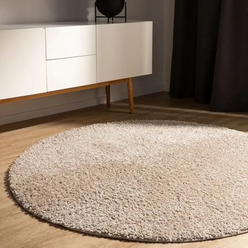 benuta Basic Hochflorteppich Teppich Wohnzimmer Sohari - Beige 200 cm Rund - Minimalistischer Look - Weich & Waschbar - Für Schlafzimmer, Flur oder Esszimmer - Geeignet für Fußbodenheizung