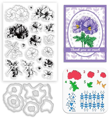 ORIGACH Geranium Layering Stencil Stamp and Die Set for Card Making, Flower Stencil Template Silicone Clear Stamps and Metal Die Sets for DIY Scrapbooking Photo Album Crafting