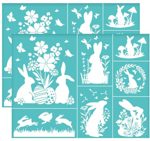 OLYCRAFT 2 Stück 28x22cm Hase Ostern Selbstklebende Siebdruckschablone Kaninchen Mesh Schablonen Osterthema Wiederverwendbare Mesh Schablonen Transfer Für DIY T Shirt Stoffmalerei