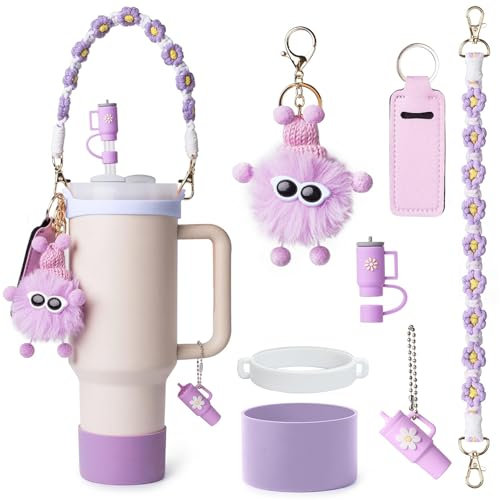 Stanley Cup Accessories Set, 7PCS Stanley Accessories Includes Stanley Straw Cover Water Bottle Handle Strap Silicone Boot Charms for Stanley Cup 30/40oz Tumbler (Purple)