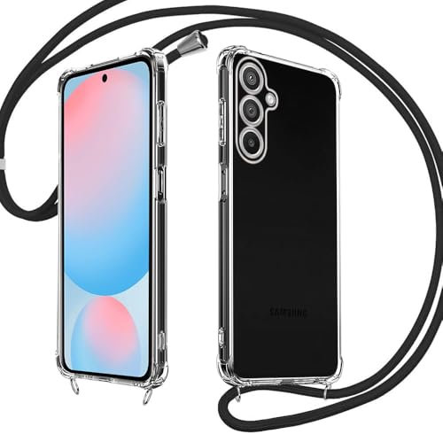 E-Lush Handyhülle für Samsung Galaxy A56 5G Hülle mit Band, Transparent Silikon Handy Hülle für Samsung A56 Schutzhülle mit Kordel Abnehmbar, TPU Stoßfest Case zum Umhängen Necklace, Schwarz