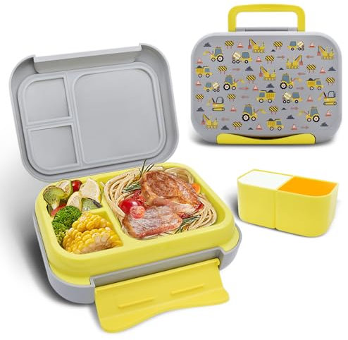 Ulife Mall Brotdose Kinder mit Fächern, BPA Frei Bento Box Kinder-Lunchbox Auslaufsichere Brotbox Tragbarer Handgriff Reise-Snackbox mit 5 Fächern für Mädchen & Jungen,Bagger