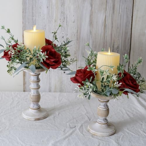 2 Pcs Artificial Flowers Candle Rings Fake Roses Floral Wreaths Wedding Centerpieces for Tables Spring Summer Farmhouse Weddings Party Ceremony Decor (Red)