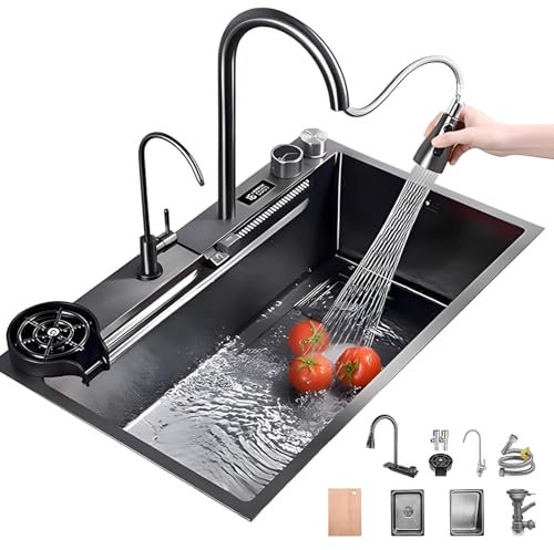 ATHOMASM Fregadero de acero inoxidable, 70 x 50 cm, con pantalla digital de temperatura, diseño de cascada y cesta de goteo, fregadero de cocina multifuncional, 1 lavabo