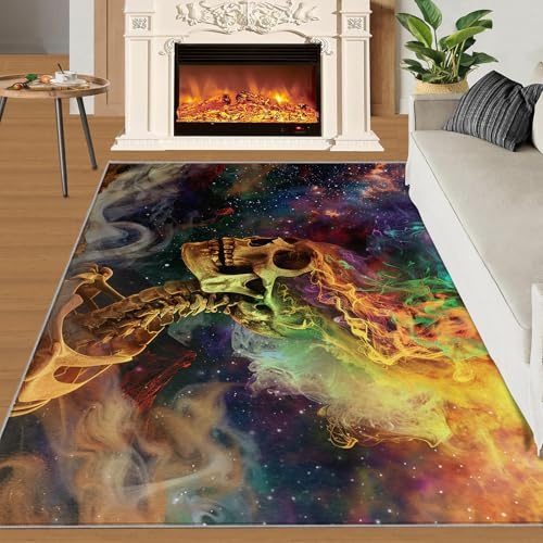 Gotischer Teppich, rutschfester und waschbarer Teppich, 80 x 150 cm, buntes Nebel-Schädel-Design, gruselig, Halloween, für den Innenbereich, widerstandsfähiger Teppich zum Essen, weich, niedrig