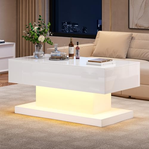 FAYICIC Mesa de centro elevadora de alto brillo Mesa de centro LED 100 x 50 x 45 cm, mesa semi-elevadora y diseño deslizante lateral, almacenamiento hidráulico (blanco)