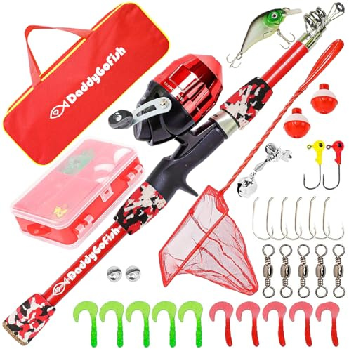 DaddyGoFish Ensemble Canne à pêche et Moulinet pour Enfants, Coffret de matériel de pêche, Petit équipement de première année pour garçons et Filles débutants (Ensemble Essentiel, Rouge, 5ft)