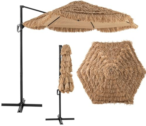 KOMFOTTEU Φ283 cm Sonnenschirm Hawaii, Strandschirm mit Handkurbel & Kreuzfuß, Ampelschirm exotischer aus PP-Stroh, Strohschirm groß für Garten, Balkon, Strand