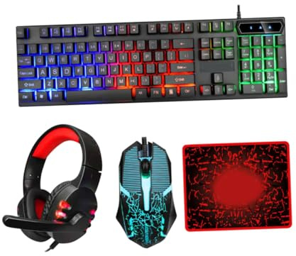 Yardenfun Wired Gaming Keyboard Mouse Headset Combo with Rgb Cracked Texture Mouse Mat Ergonomic Design No Driver Needed for Office and Game Enthusiasts