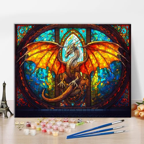 Peinture par numéros pour adultes Vitrail Art animal - Majestueux dragon mythique fresque - Peinture sur toile à faire soi-même - Décoration murale salon 40 x 50 cm