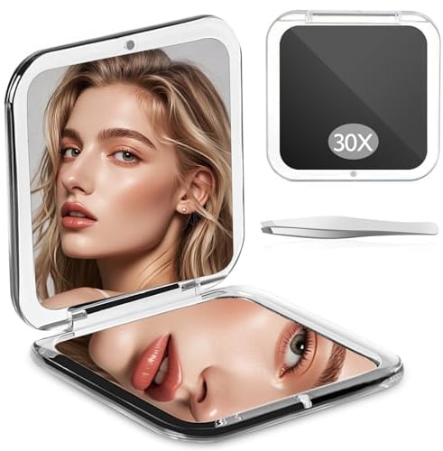 Zikenis Miroir Grossissant, 1X/30X Loupe, Kleiner Miroir de Poche (Noir) | Miroir de Maquillage sans Tain, Interrupteur Magnétique, Pliable, Portable Miroirs Grossissant de Voyage
