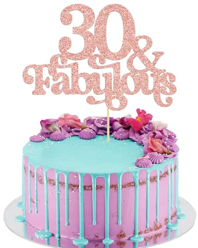 Ephlyn 1Pc 30 & Fabulous Cake Topper Glitter Thirty and Fabulous Cake Toppers Happy 30th Birthday Cake Pick for 30th Wedding Anniversary Birthday Party Decorations Supplies Rose Gold