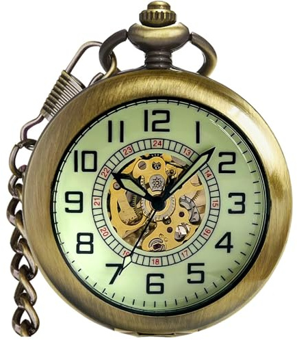 Fogitbok Vintage Bronze Mechanical Pocket Watch with Chain Magnifier Luminous Mens Pocket Watches for Men Hand Wind Up Pocketwatch Wedding Retirement Christmas Birthday Gifts for Men Women