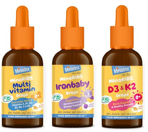 Minadex MinaKids 3 Pack Bundle (60 ml x 3) | Multivitamin + Ironbaby + D3+K2 Drops | Liquid Supplements for Kids & Children | Immunity, Energy & Bone Support | Sugar-Free | Vegan | Natural Flavours