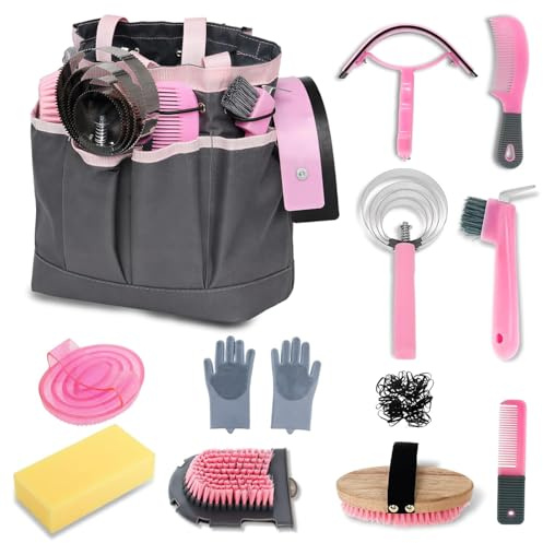 Pferdepflegeset 13-Teilig, Pferdebürsten-Set für die Pflege und das Baden | Mit Mähnen- und Schweifkamm, Currybürste, Hufkratzer, Handschuhen und Aufbewahrungstasche für die Pferdepflege